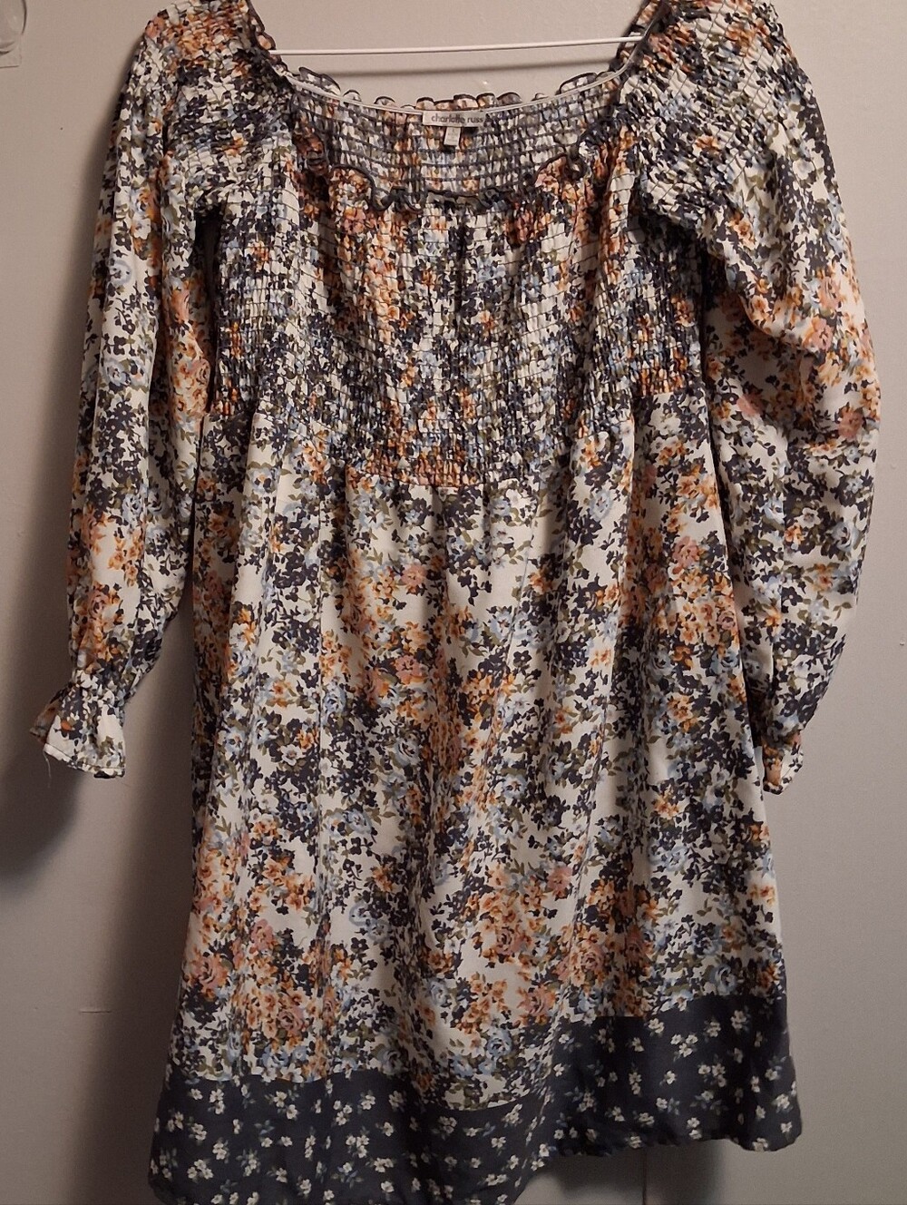 Charlotte Russe White Floral Smocked Midi Dress with Peach & Gray